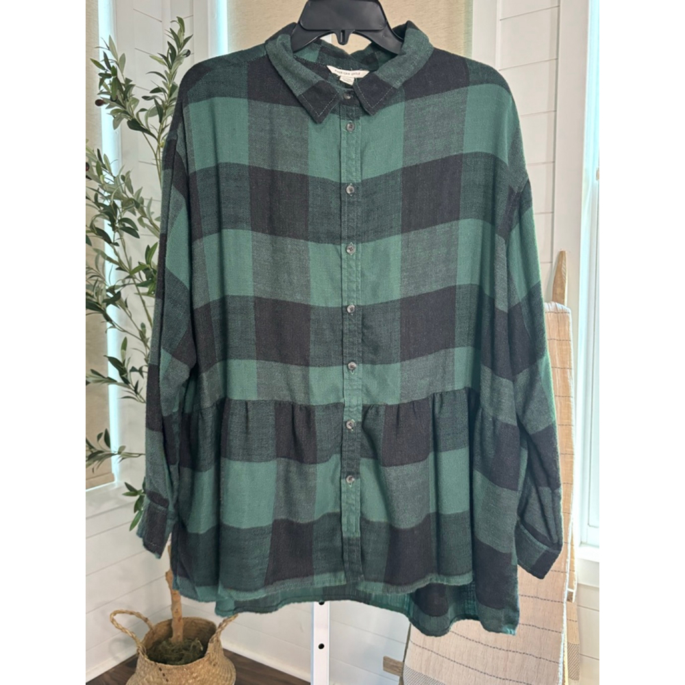 Women's American Eagle Green and Black Plaid Peplum Button Down Shirt, XL - Picture 3 of 5